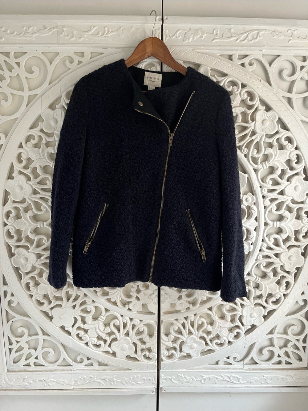Forever 21 Bouclé Moto Jacket Medium Navy Blue Textured Zip Coat